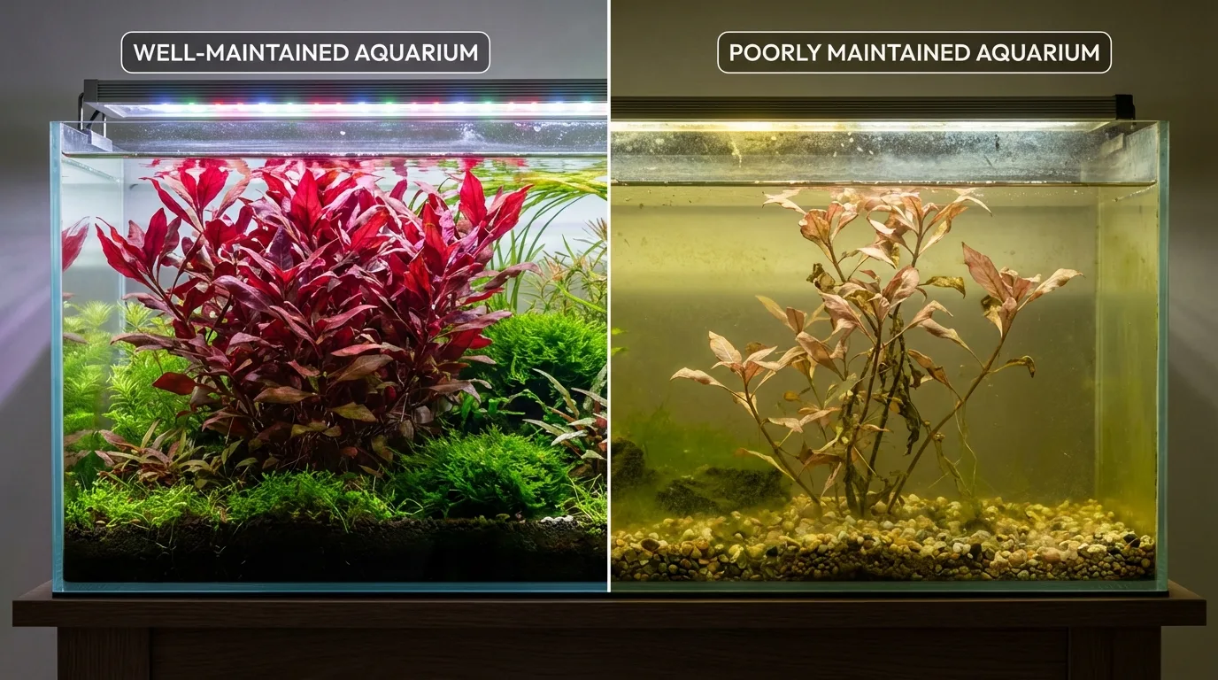 a healthy Alternanthera reineckii plant with vibrant red leaves growing vigorously in a well-maintained planted aquarium, contrasting with a stunted, pale Alternanthera in a poorly maintained aquarium. Side-by-side comparison, showcasing the difference in growth and coloration.