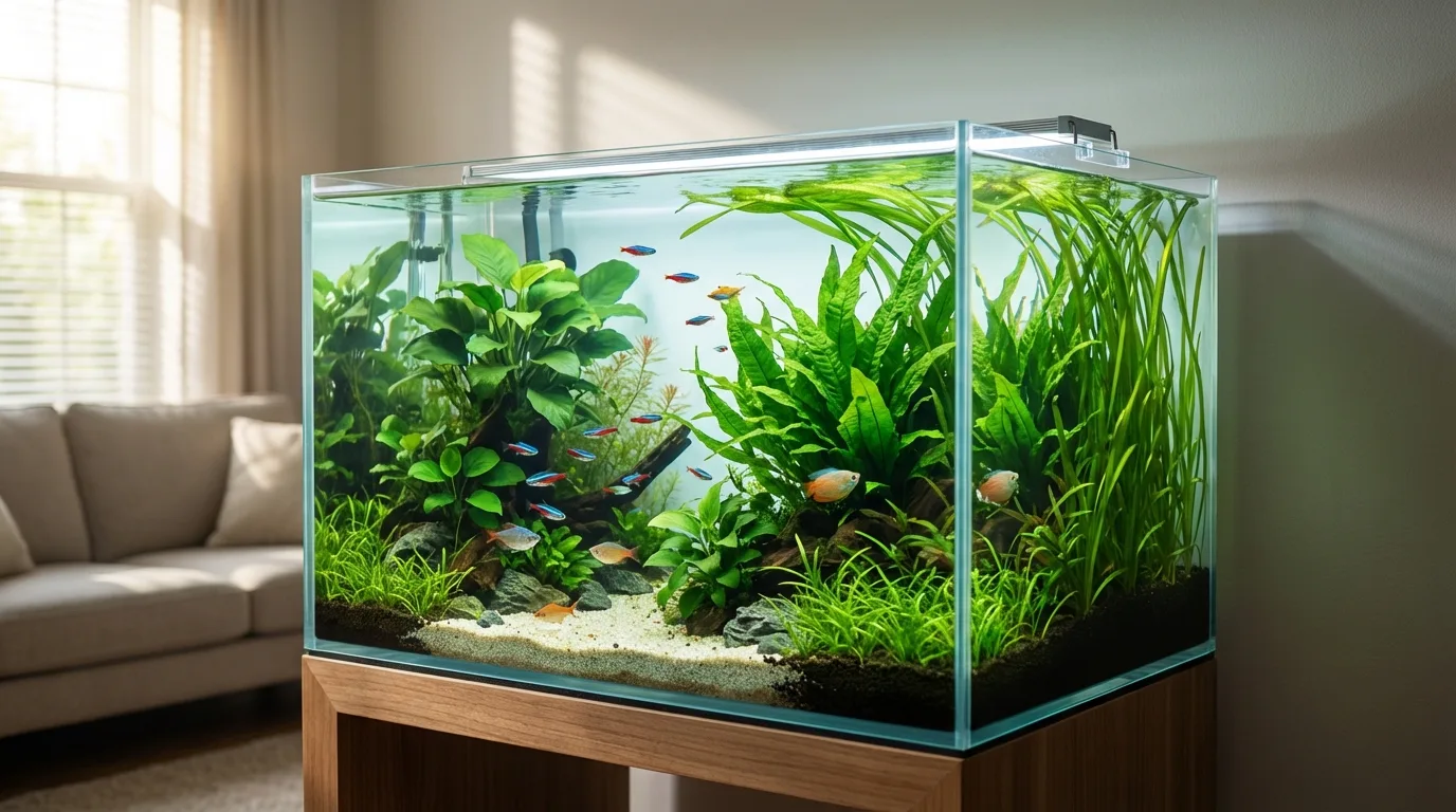 A healthy and balanced planted aquarium with lush green plants, colorful fish, and no visible algae. Focus on the vibrant colors and crystal clear water.