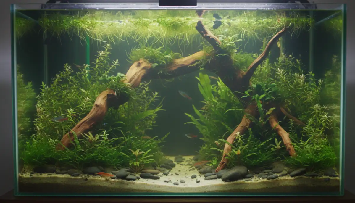 A imagem de um aquário exuberante e equilibrado demonstra o resultado de um controle eficaz de algas, com plantas vibrantes e um tronco impecável, refletindo a beleza e a harmonia de um ecossistema aquático saudável. A imagem de um aquário exuberante e equilibrado demonstra o resultado de um controle eficaz de algas, com plantas vibrantes e um tronco impecável, refletindo a beleza e a harmonia de um ecossistema aquático saudável.