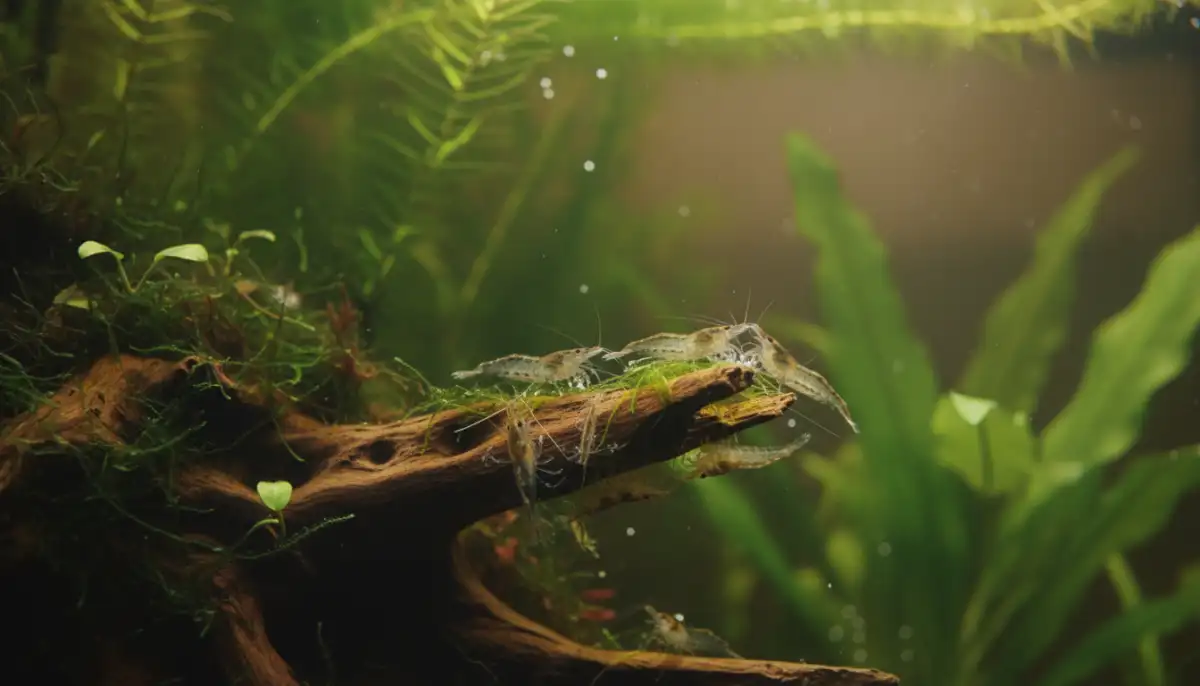 A imagem mostra camarões Amano limpando diligentemente as algas filamentosas de um tronco, evidenciando seu papel crucial no controle biológico de algas e na manutenção do equilíbrio do ecossistema aquático. A imagem mostra camarões Amano limpando diligentemente as algas filamentosas de um tronco, evidenciando seu papel crucial no controle biológico de algas e na manutenção do equilíbrio do ecossistema aquático.