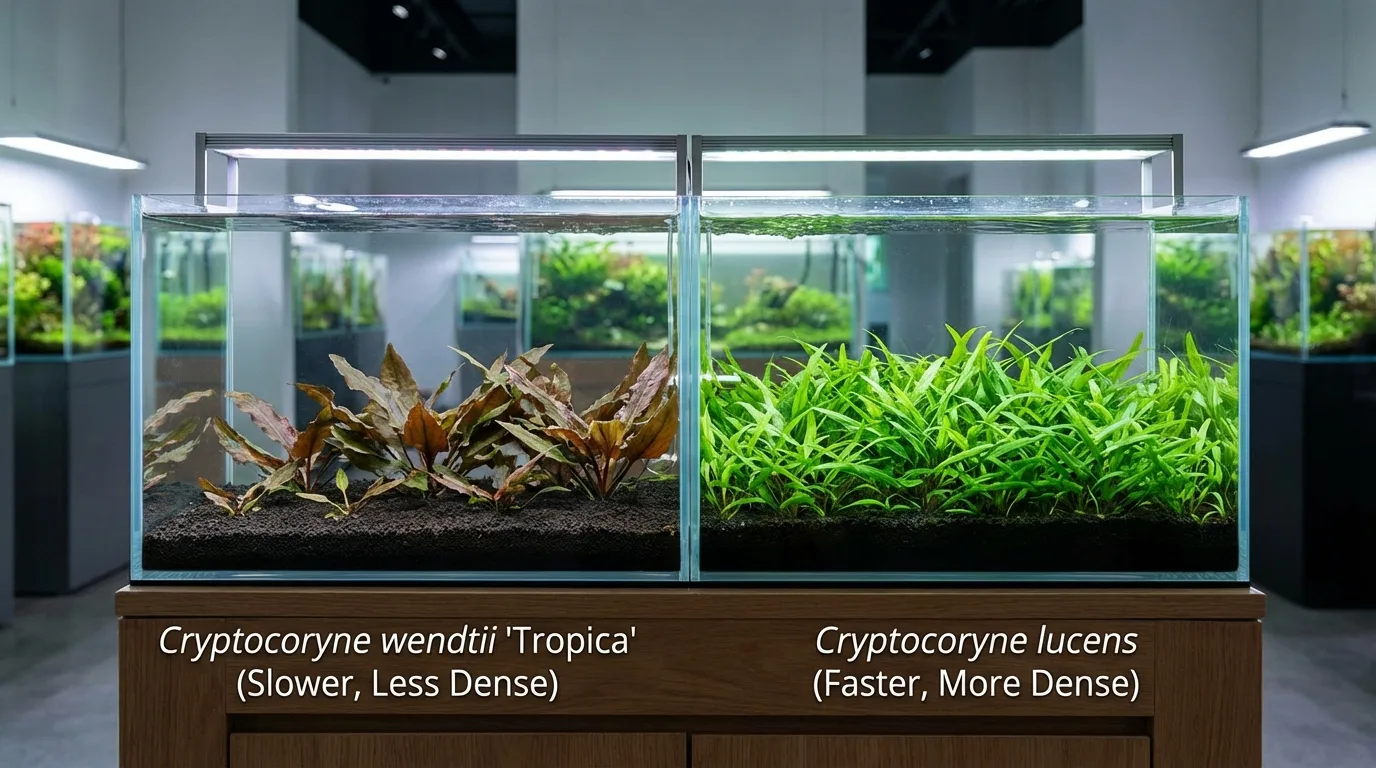 A side-by-side comparison of Cryptocoryne wendtii 'Tropica' and Cryptocoryne lucens in two identical aquariums, highlighting the difference in growth rate and density
