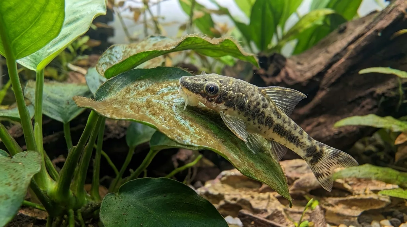 an Otocinclus affinis fish grazing on brown algae on the leaf of an Anubias plant in a well-lit aquarium, showcasing the fish's effectiveness in cleaning algae. Focus on the details of the fish and the algae-covered leaf
