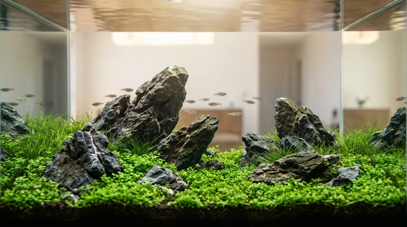 Aquário iwagumi com rochas Dragon Stone e plantas carpete exuberantes.