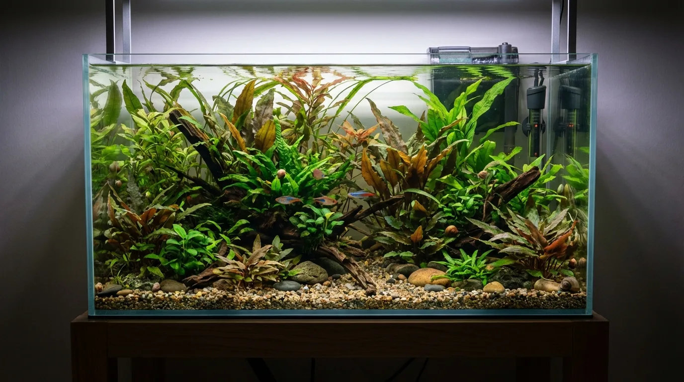 Aquário plantado low-tech com diversas espécies de Cryptocoryne exibindo crescimento saudável e um ecossistema equilibrado.