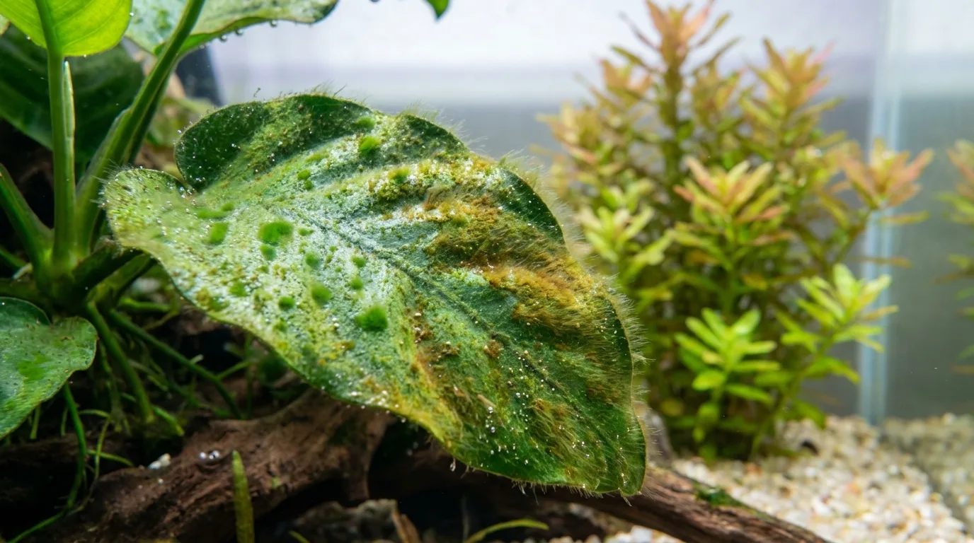 aquarium plant with algae growing on its leaves under intense lighting, close-up shot showing the algae's texture and color, contrast with a healthy plant in the background.