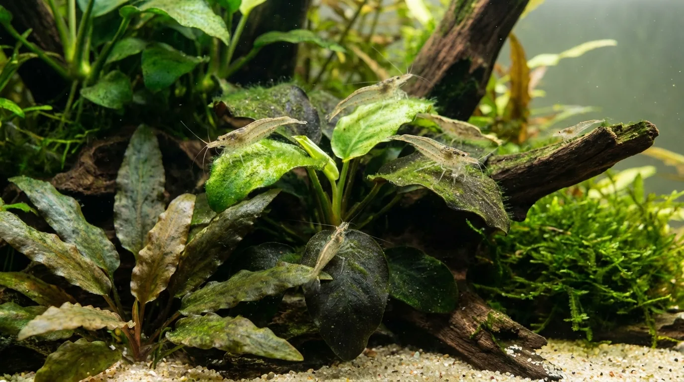 Camarões Amano se alimentando de algas nas folhas de uma Anubias, um exemplo de como as plantas contribuem para a dieta dos peixes.