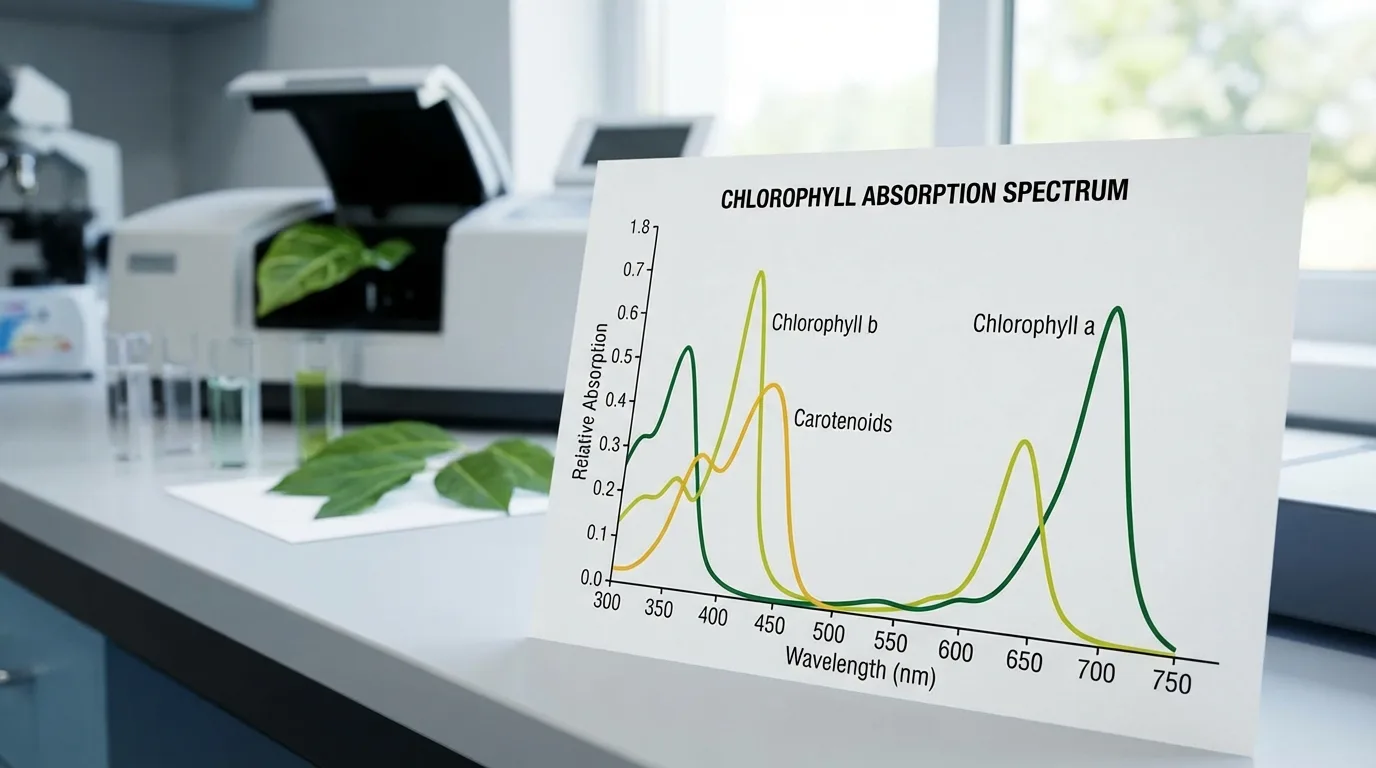 Espectro de absorção da clorofila a e b: as plantas absorvem mais luz nas regiões azul e vermelha.
