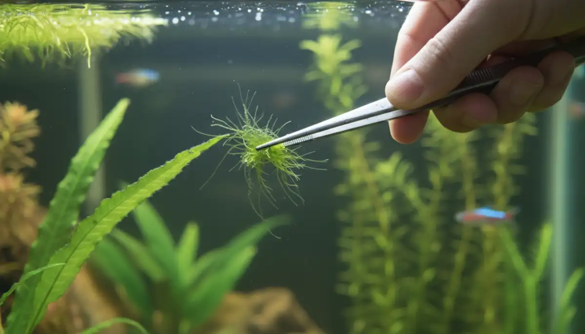 Esta imagem demonstra a remoção manual de algas filamentosas com o uso de pinças, uma técnica eficaz para controlar o crescimento indesejado e preservar a saúde das plantas em aquários plantados. Esta imagem demonstra a remoção manual de algas filamentosas com o uso de pinças, uma técnica eficaz para controlar o crescimento indesejado e preservar a saúde das plantas em aquários plantados.