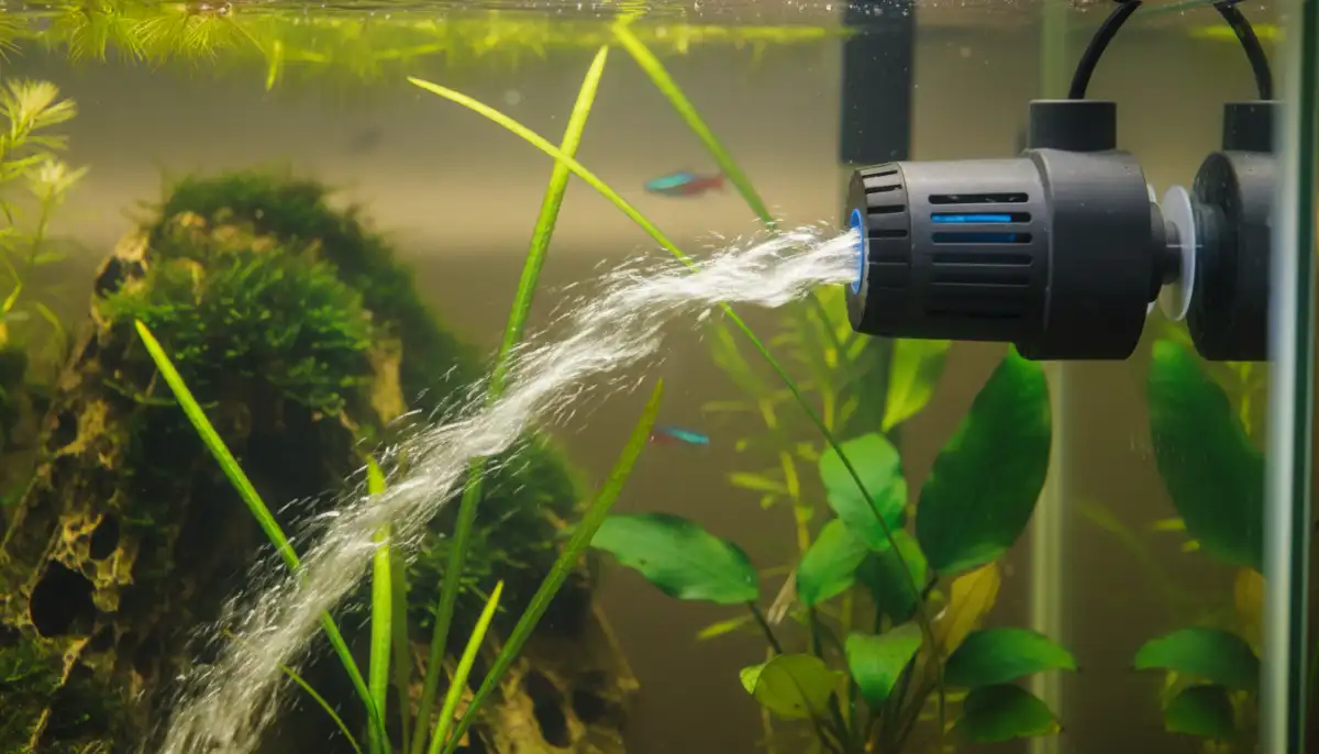 Esta imagem ilustra o funcionamento de uma bomba de circulação em um aquário, demonstrando como o fluxo de água adequado contribui para a distribuição de nutrientes e a saúde geral do ecossistema aquático. Esta imagem ilustra o funcionamento de uma bomba de circulação em um aquário, demonstrando como o fluxo de água adequado contribui para a distribuição de nutrientes e a saúde geral do ecossistema aquático.