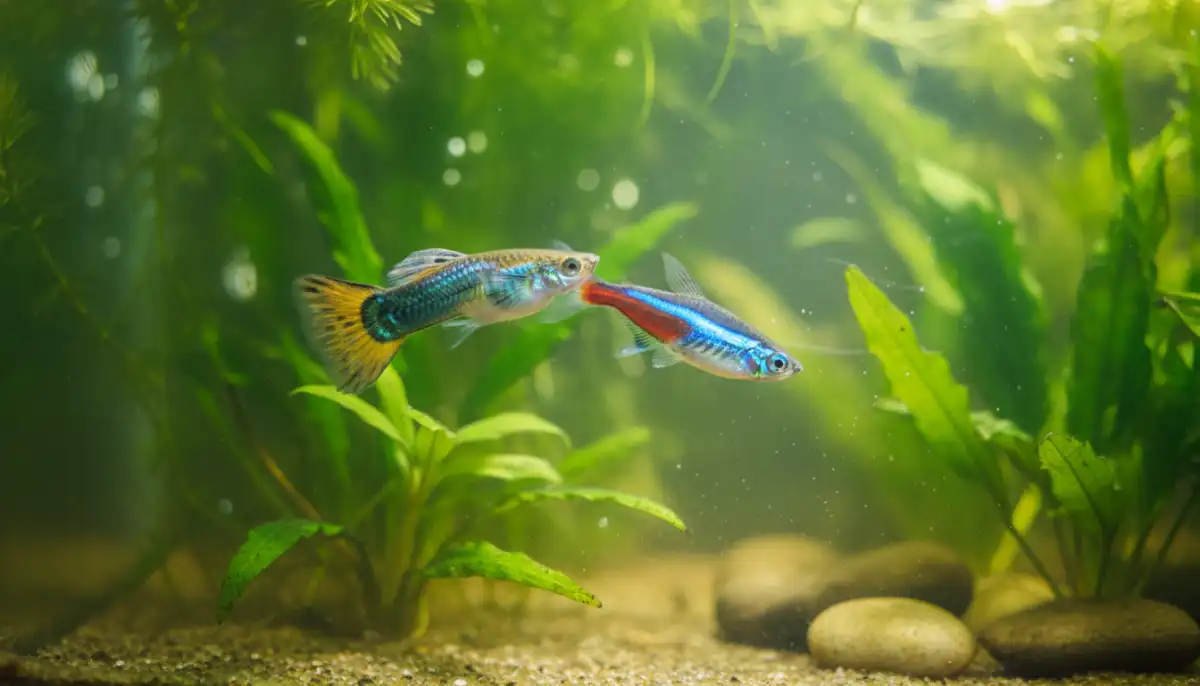 Esta imagem ilustra um guppy mordiscando a barbatana de um neon tetra, evidenciando o comportamento agressivo que pode ocorrer em aquários comunitários. Esta imagem ilustra um guppy mordiscando a barbatana de um neon tetra, evidenciando o comportamento agressivo que pode ocorrer em aquários comunitários.