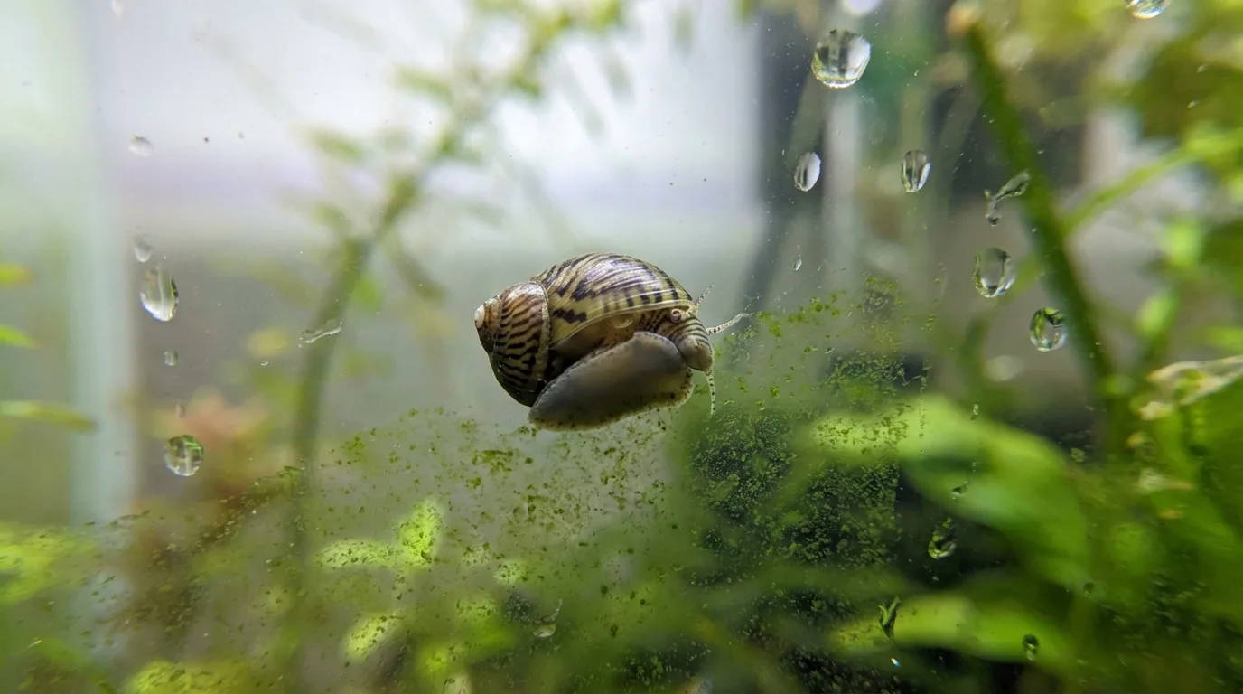 Neritina natalensis limpando o vidro do aquário: uma solução natural e eficaz para algas.