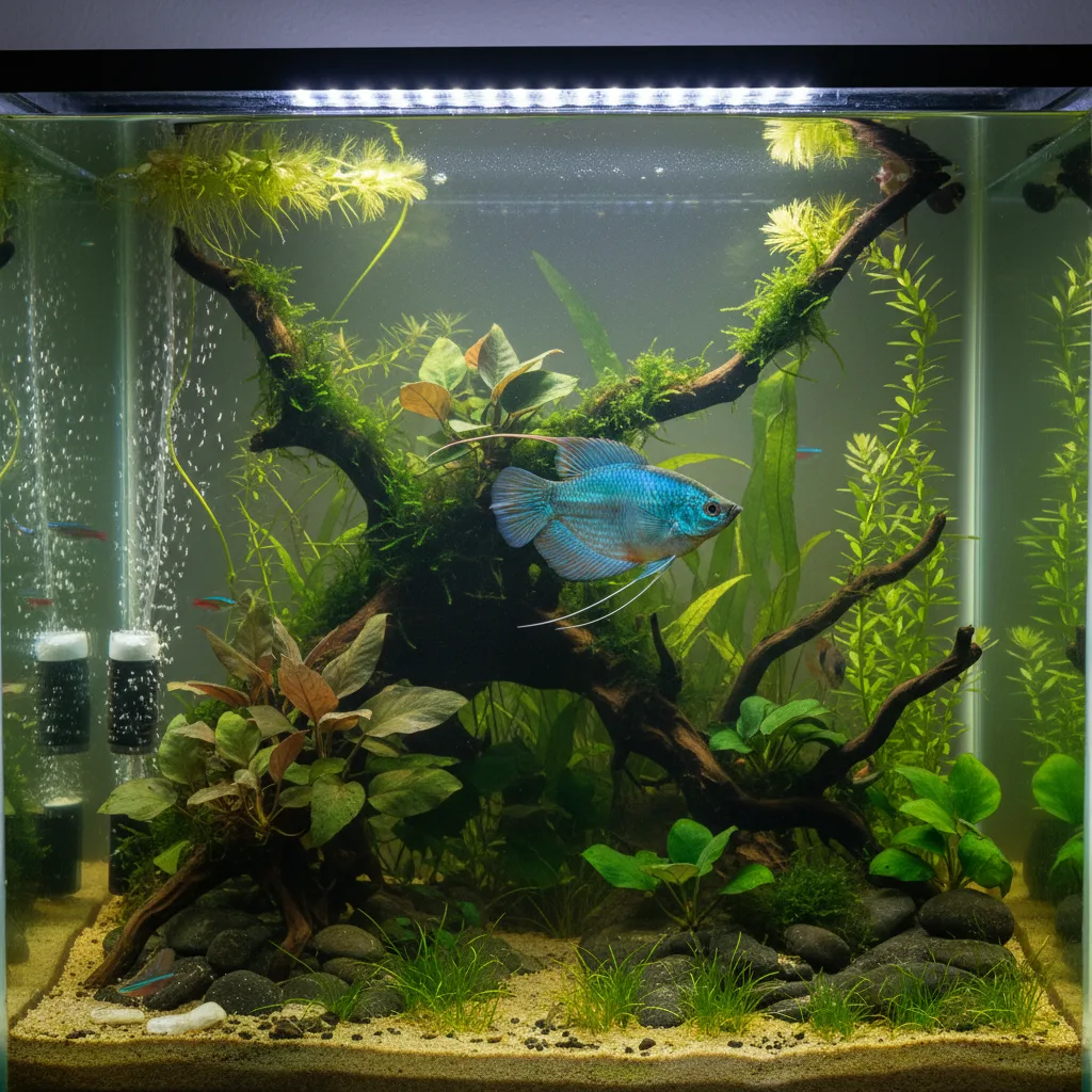 Photorealistic image of a healthy gourami swimming in a well-maintained planted aquarium with plenty of hiding spots and a variety of plants. The water should be crystal clear and the lighting should be soft and diffused.