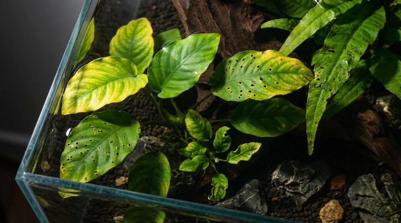 Photorealistic image of various aquatic plant leaves showing different nutrient deficiencies, such as yellowing, pinholes, and stunted growth. The leaves should be partially submerged in water, and the lighting should be dramatic to highlight the visual symptoms.