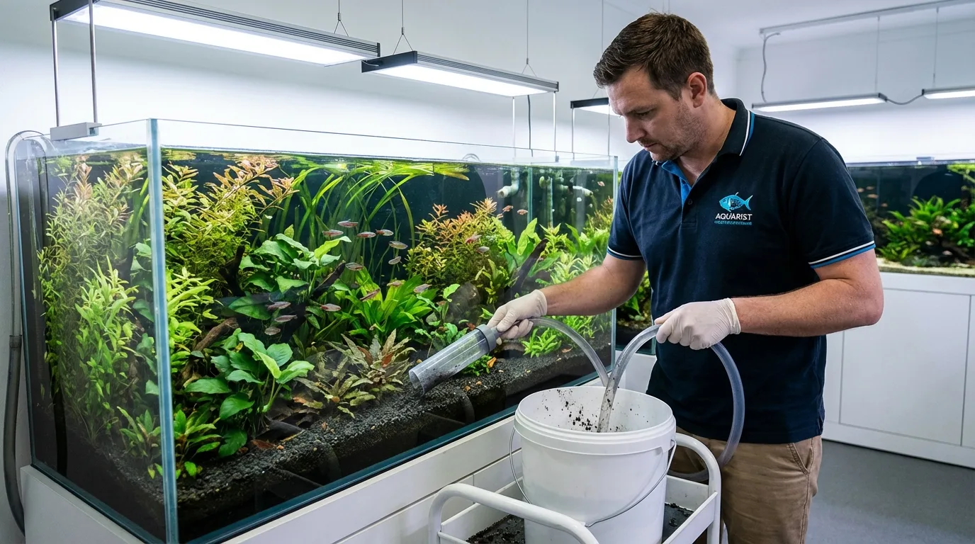 professional aquarist performing a water change in a planted aquarium, siphon hose removing debris from the substrate, healthy plants and fish in the background