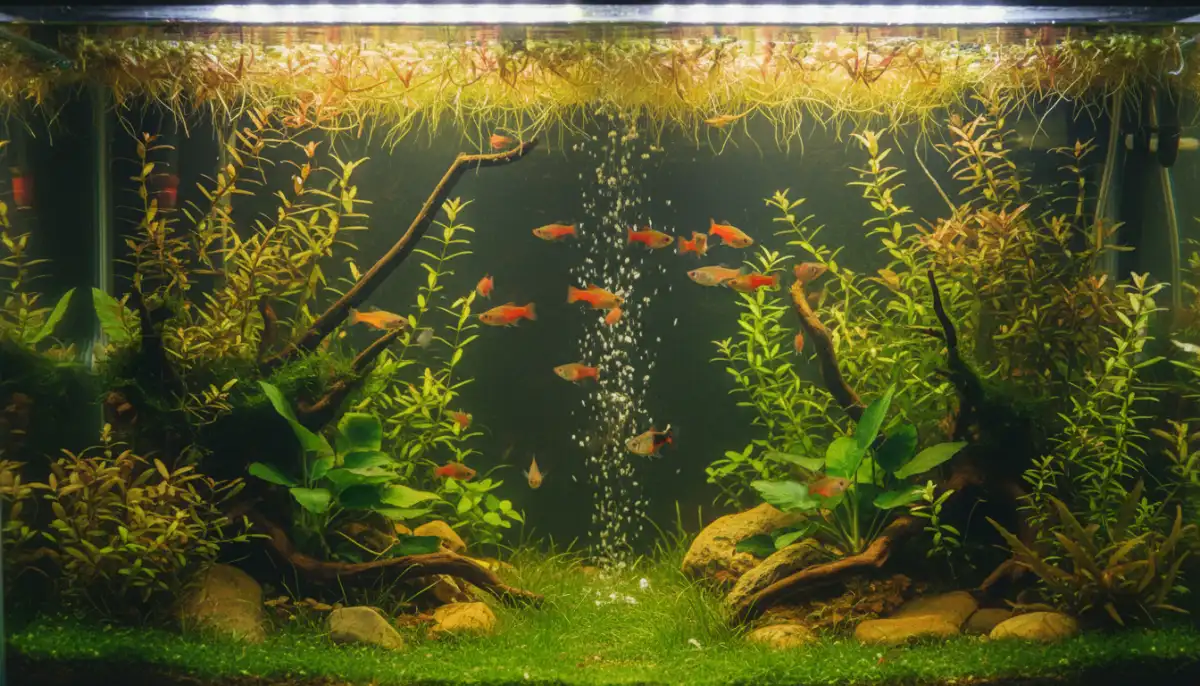 Um aquário plantado bem cuidado, com água cristalina e platies saudáveis nadando ativamente, ilustra a importância da manutenção adequada para prevenir doenças e garantir o bem-estar dos peixes.