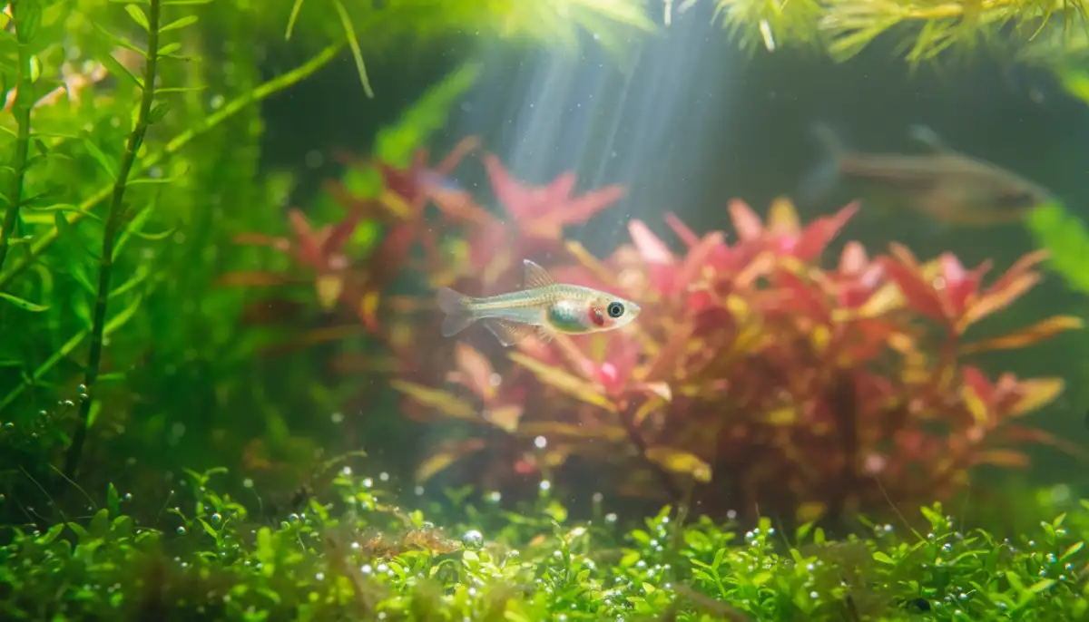 Uma imagem fotorealista de perto de um alevino saudável nadando em um aquário plantado. Uma imagem fotorealista de perto de um alevino saudável nadando em um aquário plantado.